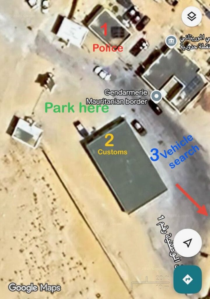 Mauritania border entry map showing police office, customs, and vehicle inspection area