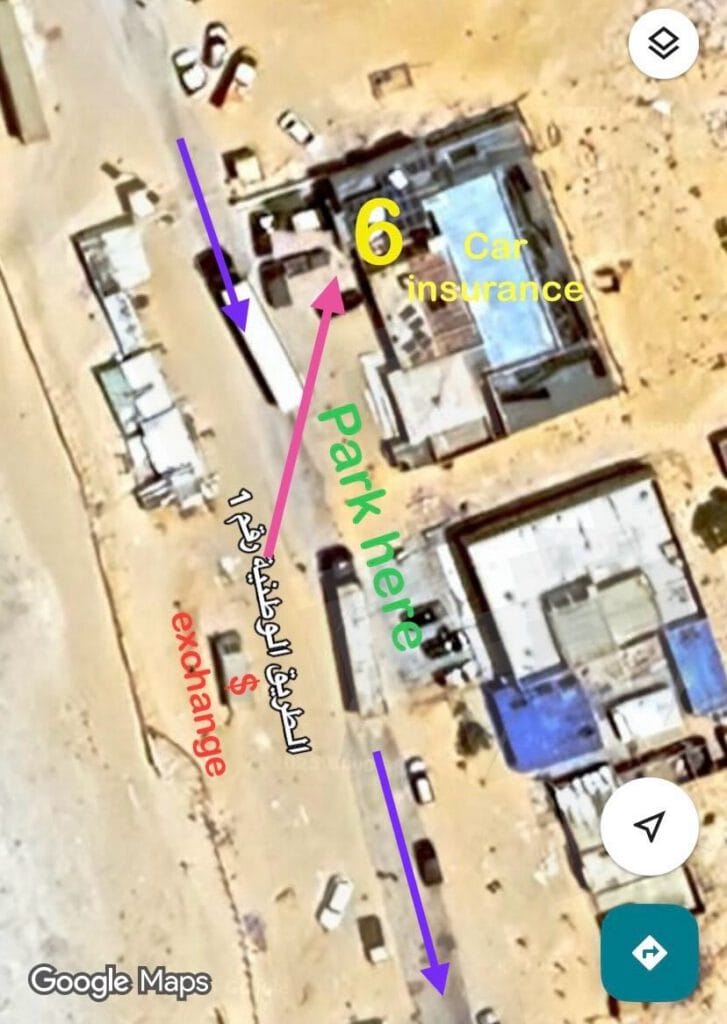 Mauritania border exit map showing car insurance office and currency exchange location