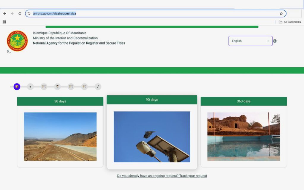 Mauritania official e-visa website showing 30-day and 90-day visa options