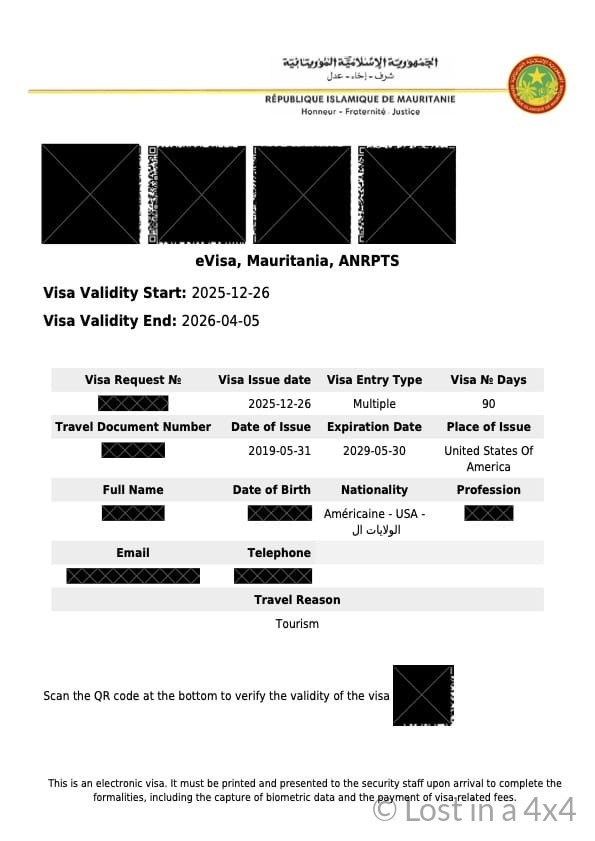 Approved Mauritania e-visa confirmation for entry