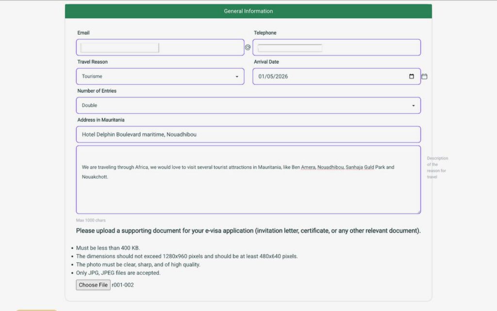 Mauritania e-visa application general information form