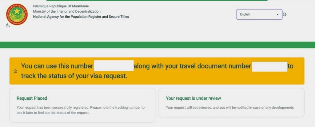Mauritania e-visa application confirmation showing request ID number