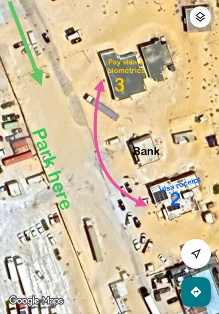 Mauritania border visa office map showing visa payment and biometrics location