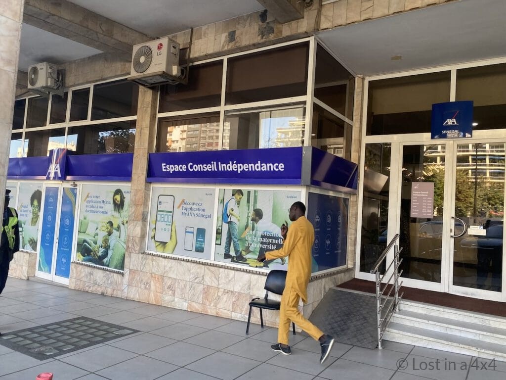 Exterior of the AXA Insurance office in Dakar where overlanders obtain the Carte Brune insurance