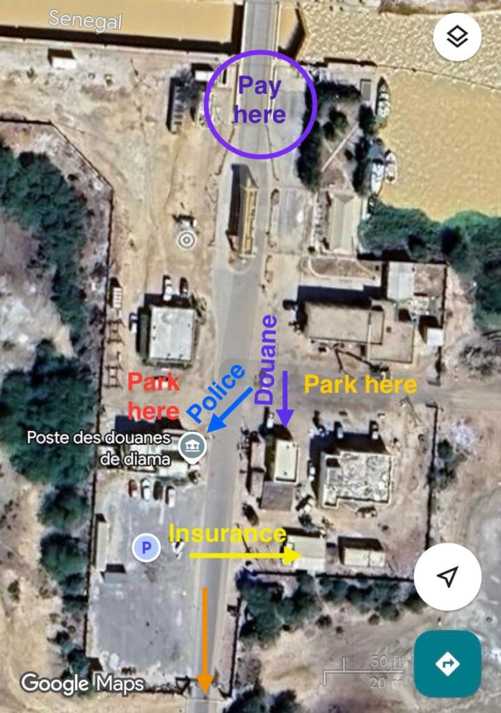 Google Maps screenshot showing the Diama border crossing from Mauritania into Senegal for overland travelers