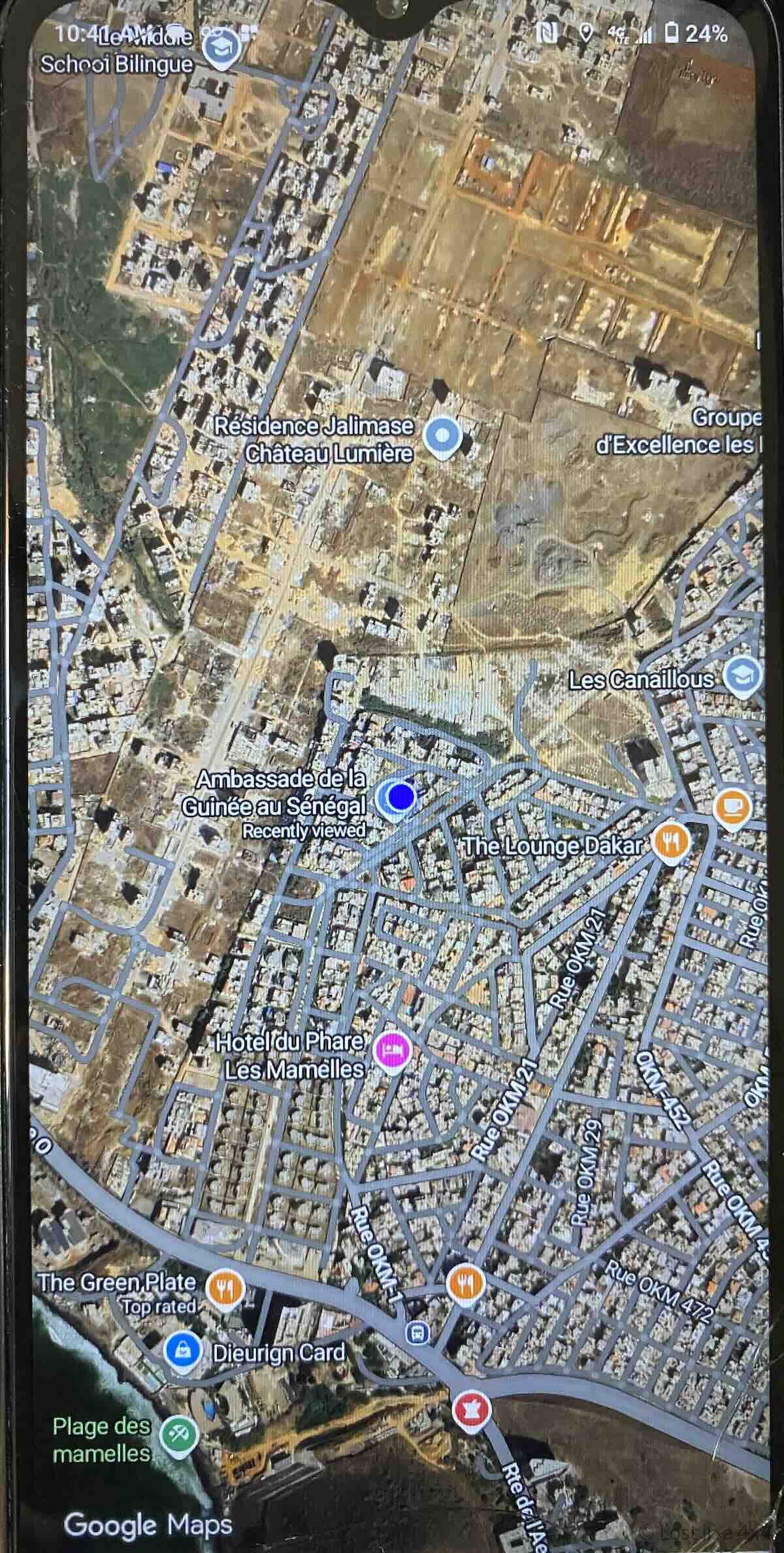 Google Maps location of the Guinea Embassy in Dakar, Senegal near the African Renaissance Monument