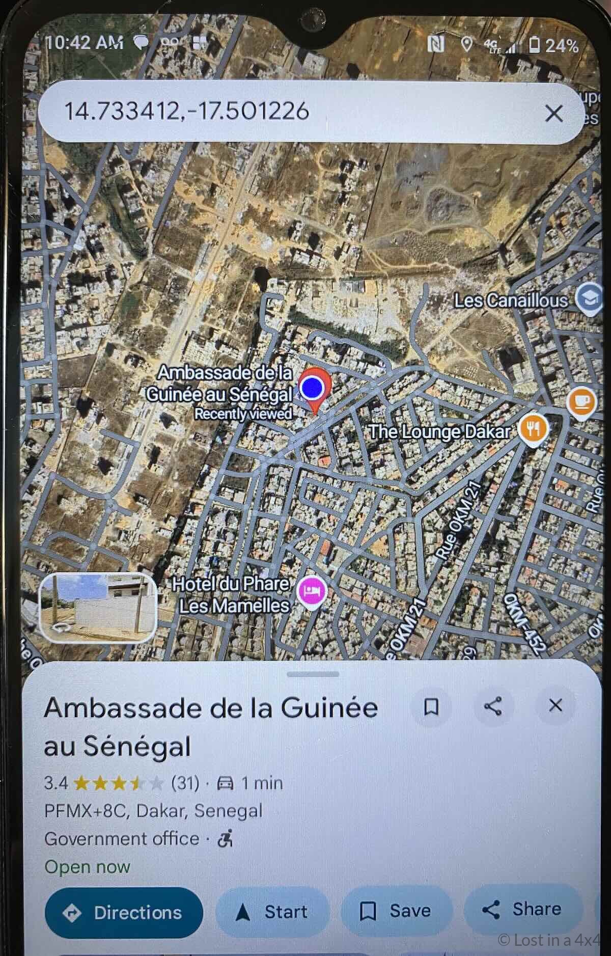 Google Maps pin showing the exact location of the Guinea Embassy in Dakar, Senegal