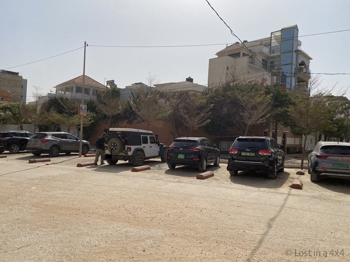 Parking area outside the Guinea Embassy in Dakar, Senegal during our in-person Guinea (Conakry) visa application