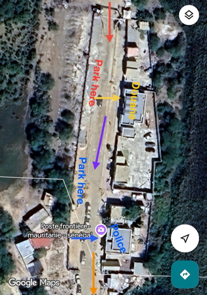 Google Maps route showing the Mauritania to Senegal border crossing route and checkpoints for overlanders