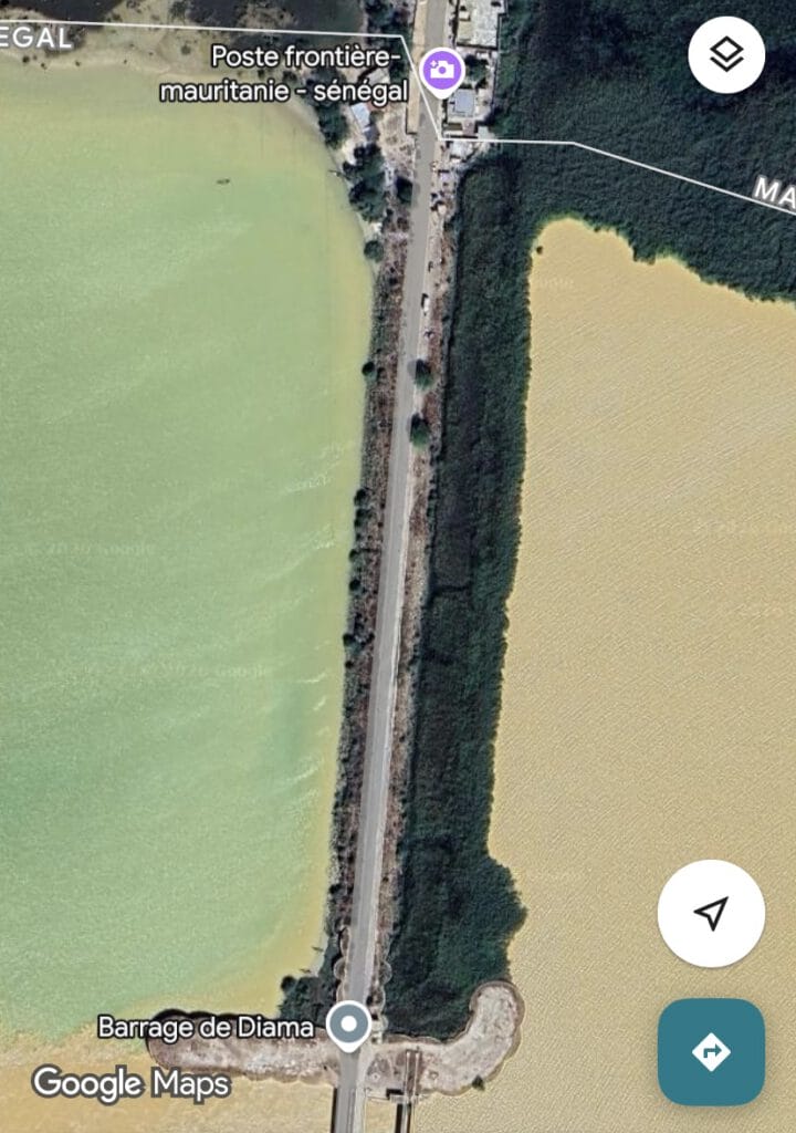 Google Maps screenshot showing the Mauritania to Senegal border crossing dam and bridge