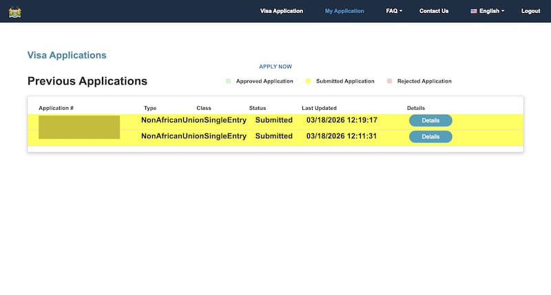 Visa application status page showing pending status for Sierra Leone eVisa on online portal