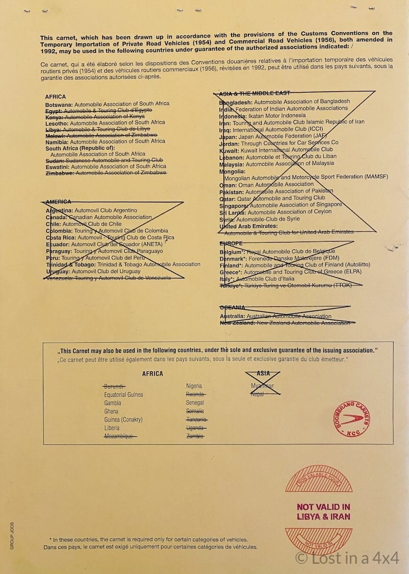 Back side of the Carnet de Passages for a Jeep Wrangler Rubicon used for overland travel across Africa.