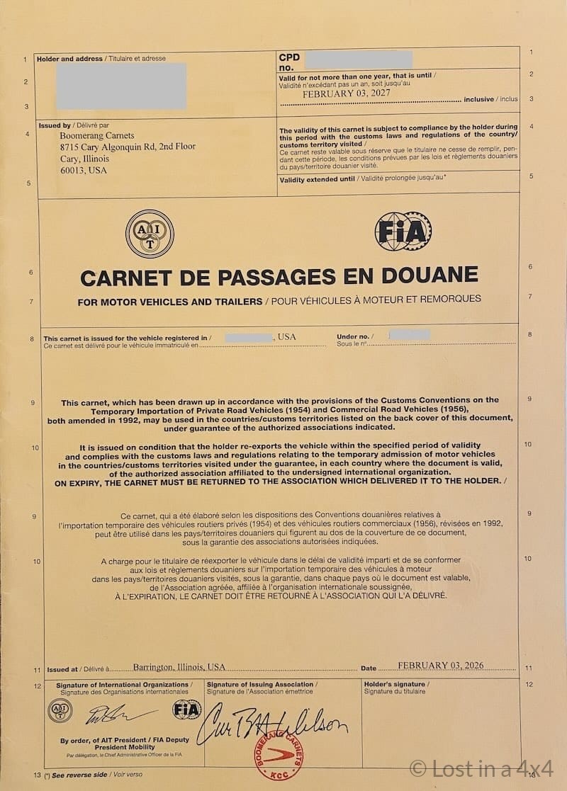 Front cover of the Carnet de Passages for a Jeep Wrangler Rubicon used for overland travel across Africa.