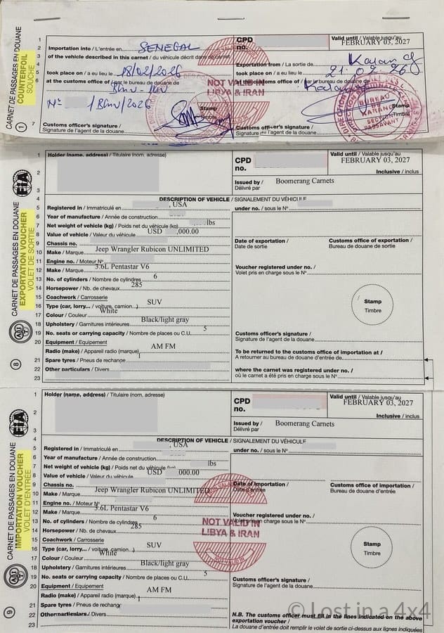 Carnet de Passages showing counterfoil, importation voucher, and exportation voucher for a Jeep overland vehicle.