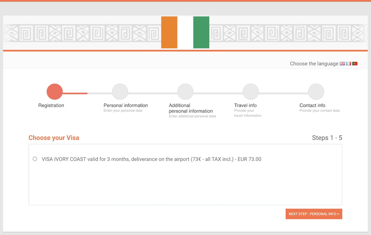 Select the 3-month Côte d’Ivoire eVisa option on the official application page showing the €73 visa fee.
