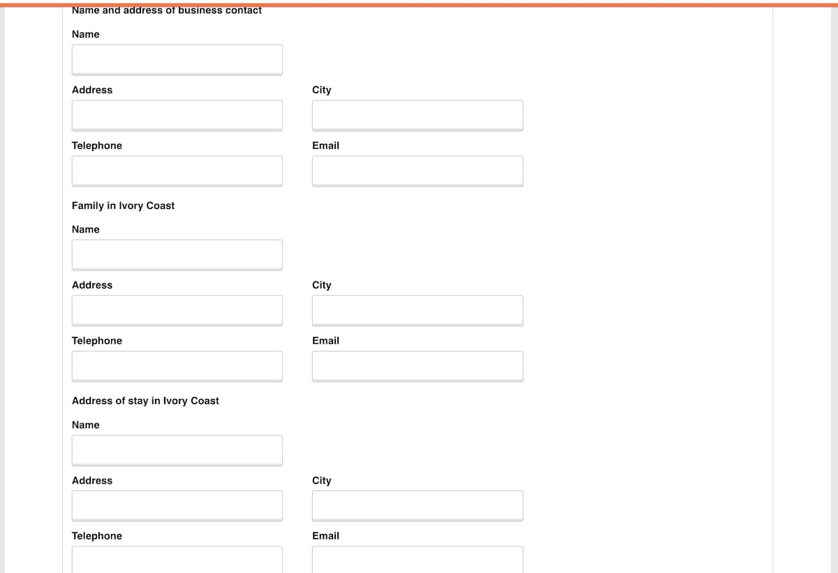 Contact information page of Côte d’Ivoire eVisa application showing address of stay section.