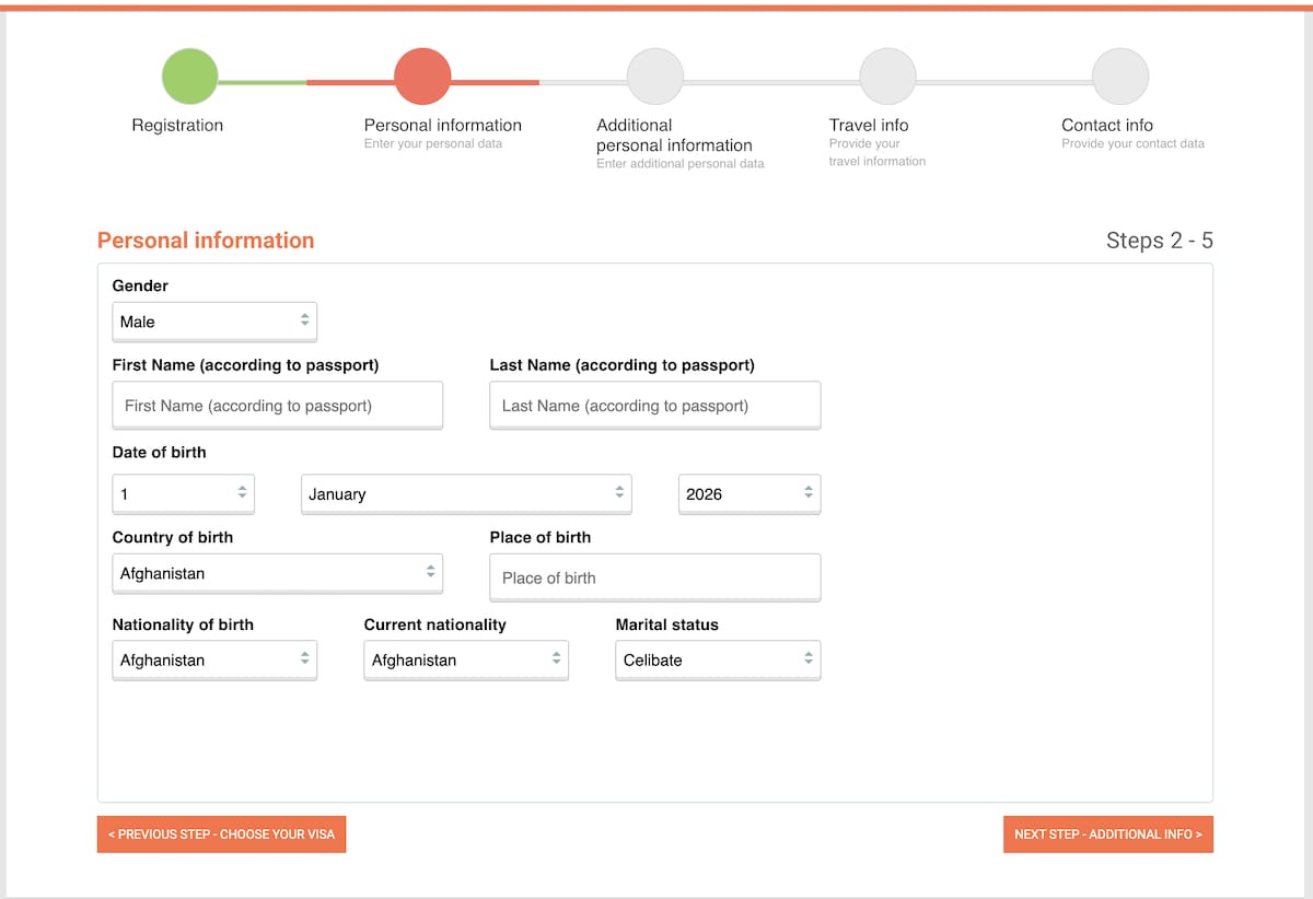 Côte d’Ivoire eVisa personal information form page requiring applicant identity details.