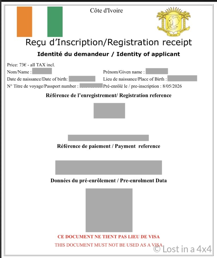 Côte d’Ivoire eVisa registration receipt showing payment confirmation and QR code for travel authorization.