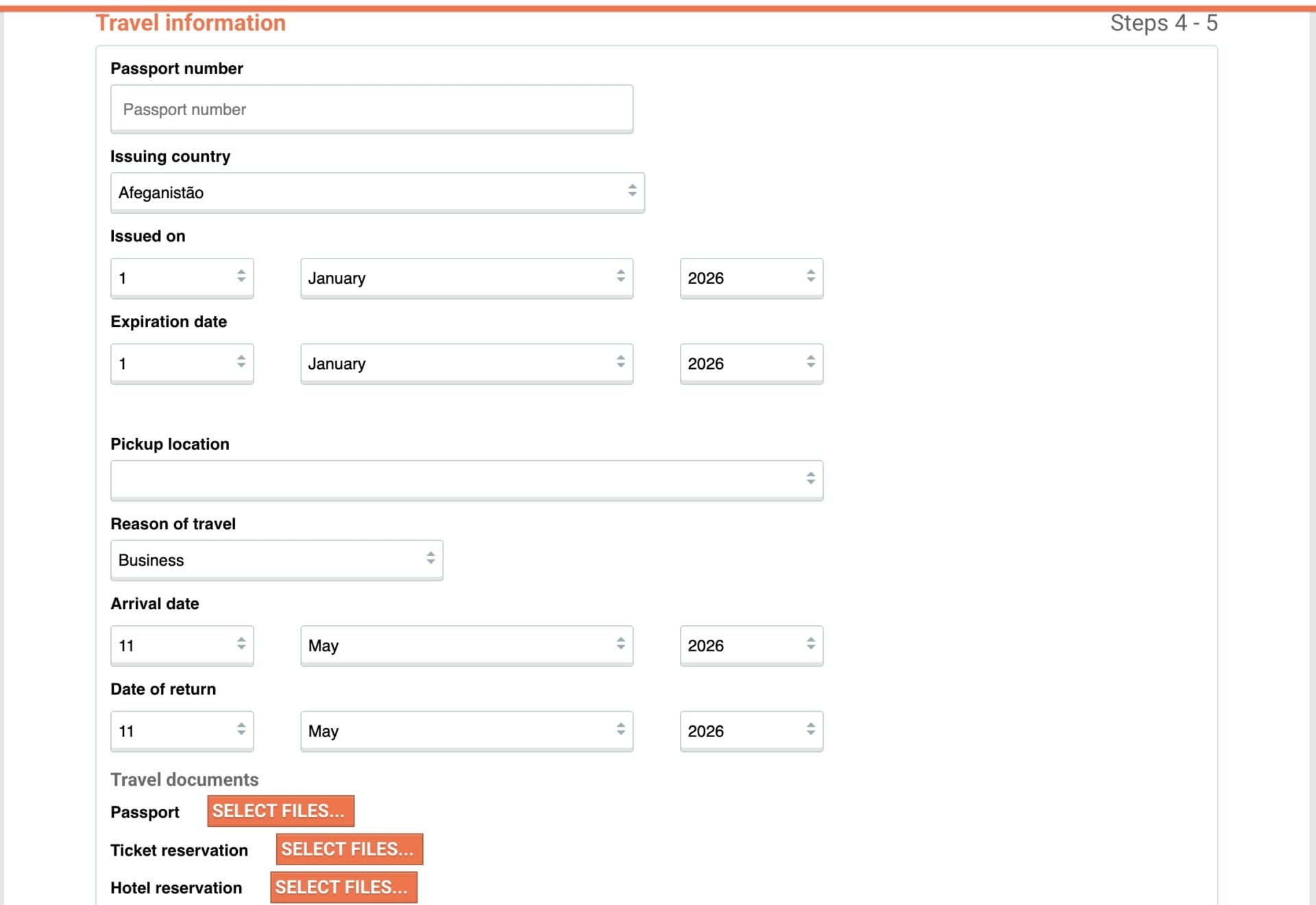 Travel information page for Côte d’Ivoire eVisa showing document upload section for passport and travel details.