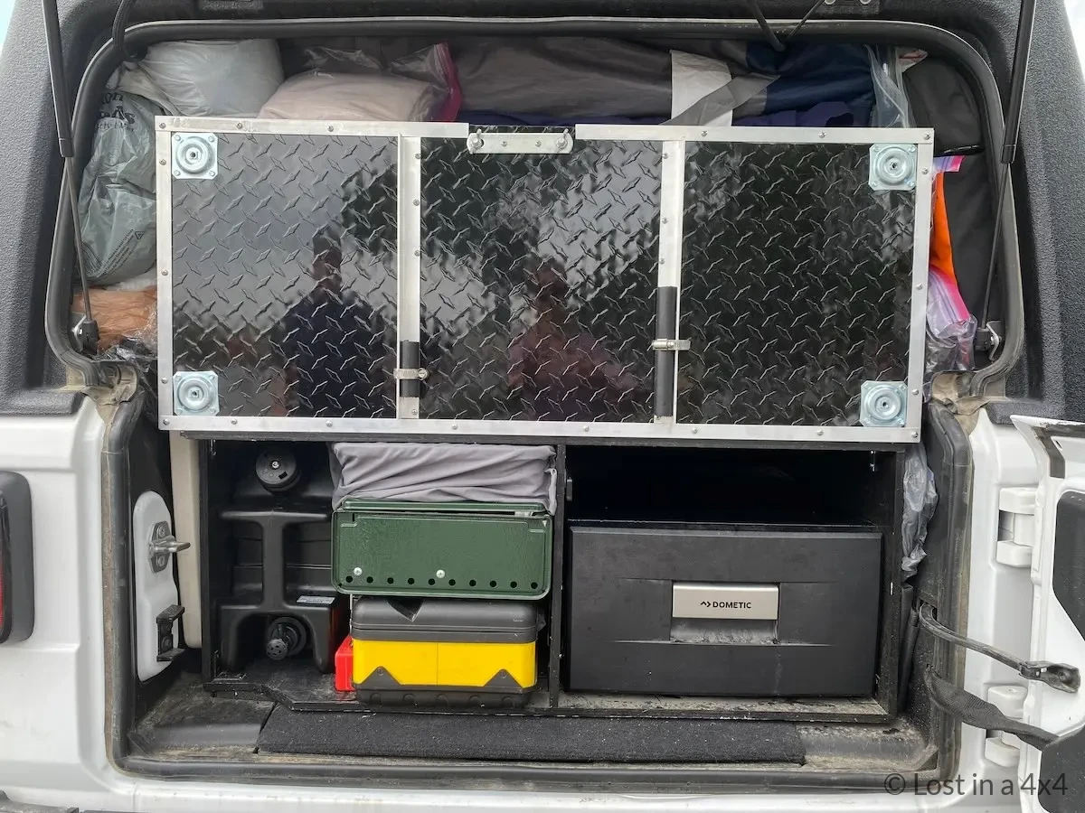 Dometic CDF 30 drawer fridge installed in Jeep rear compartment minimalist overland set up.