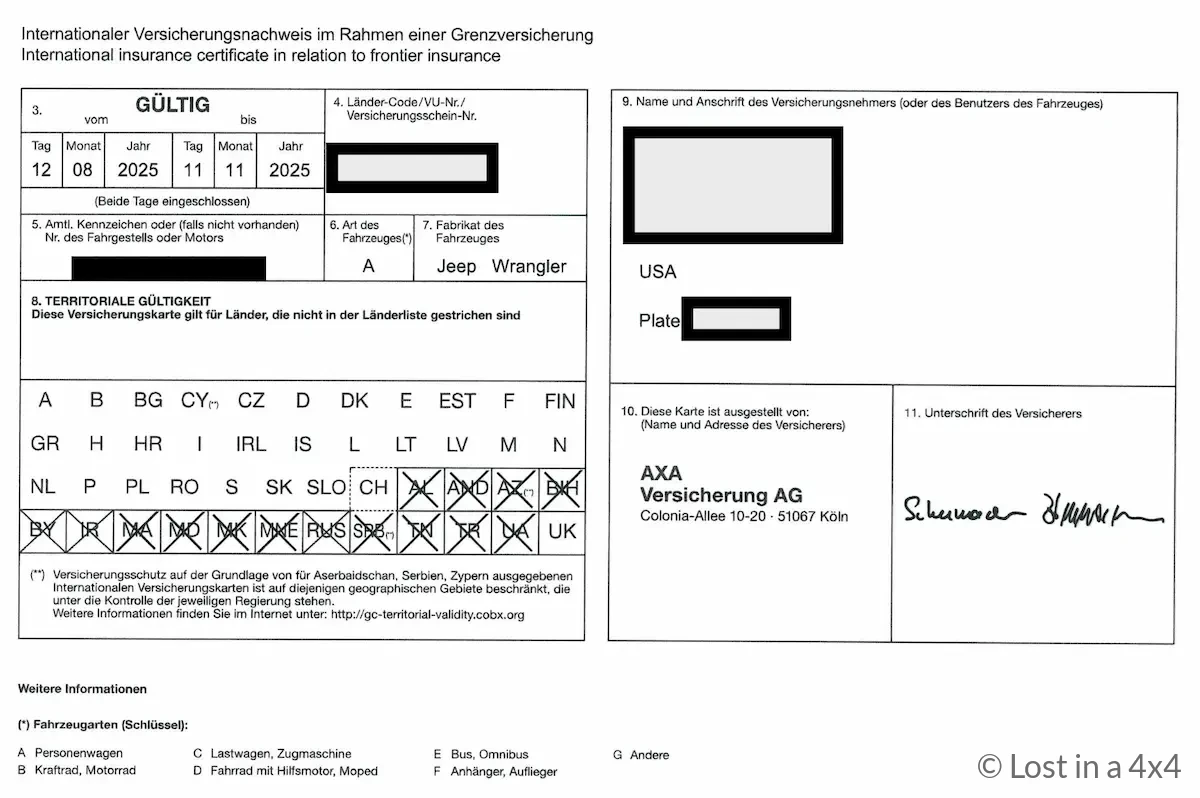 Jeep overland vehicle insurance certificate showing European coverage for temporary import and travel