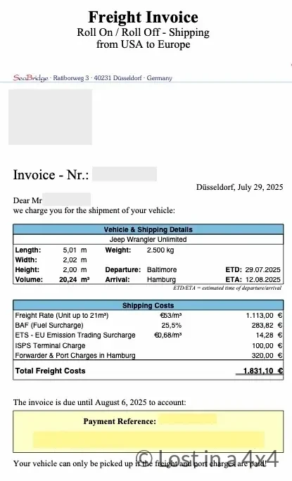 Freight invoice for Jeep shipping from Baltimore USA to Hamburg Germany