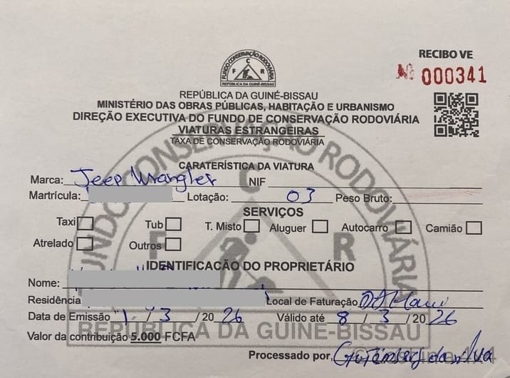 Road tax receipt from Guinea-Bissau issued at the Djegue border post during an overland journey through West Africa.