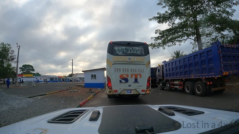 Jeep Wrangler Rubicon parked at the roadblock outside the Pamelap border post in Guinea while waiting for the Sierra Leone border crossing to open.