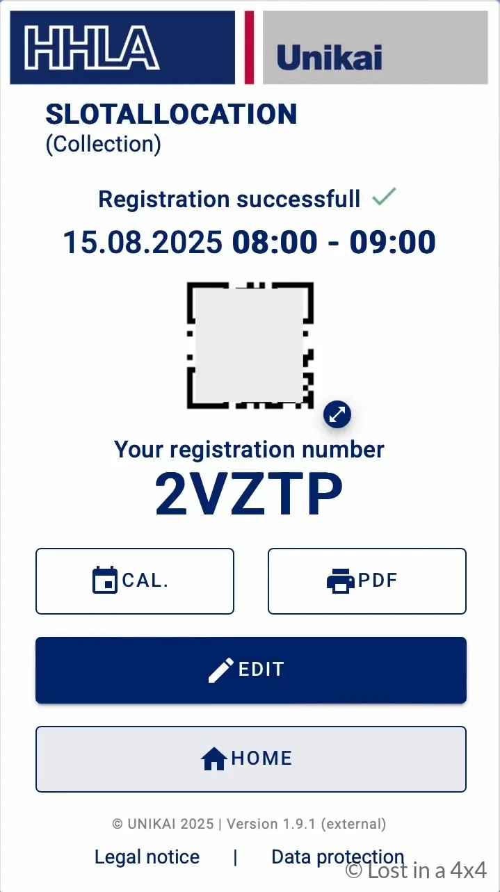 Slot appointment confirmation for Jeep pick-up at Hamburg port after shipping from USA to Europe