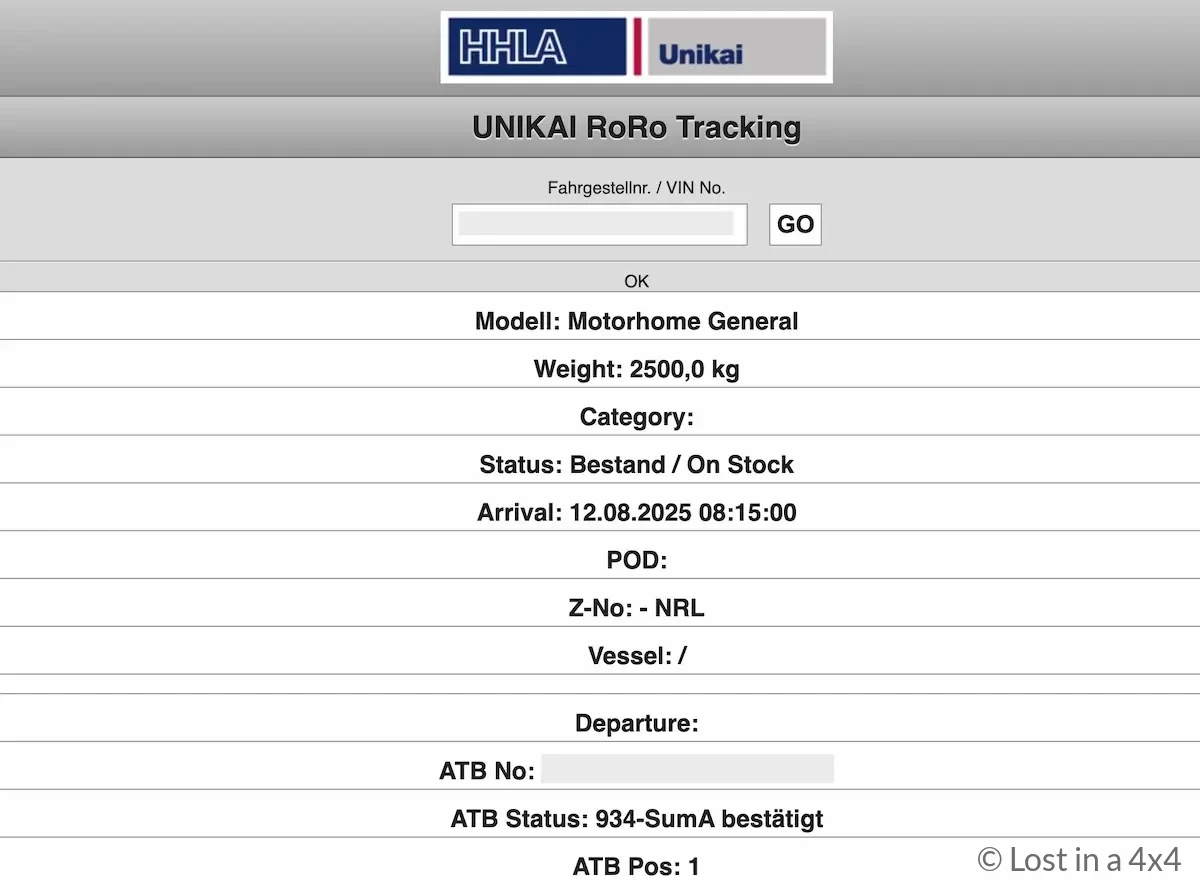 Hamburg Unikai port tracking information showing ATB number for vehicle pick-up