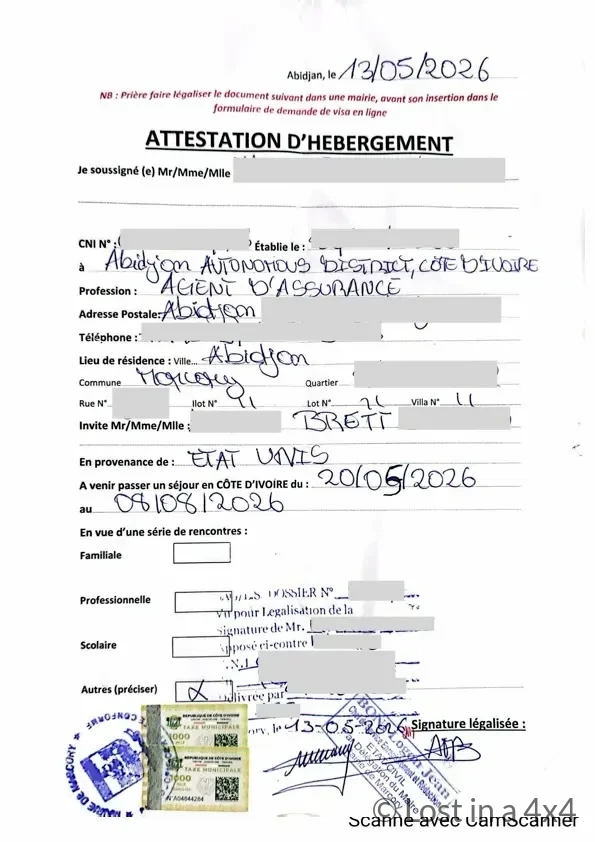 Brett’s Attestation d’Hébergement document for the Ivory Coast eVisa, officially legalized at the city hall
