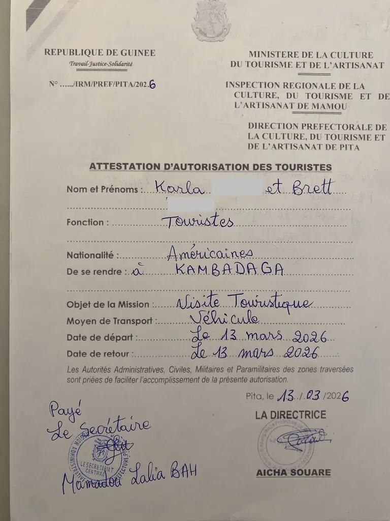 Kambadaga Waterfall visitor permit in Guinea during overland Africa trip