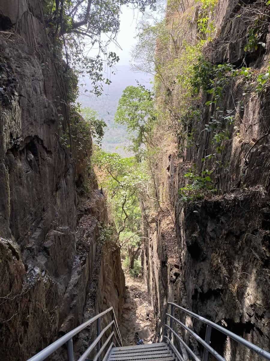 View from the top of the modern stairs at Les Échelles de Djinkan in Guinea.