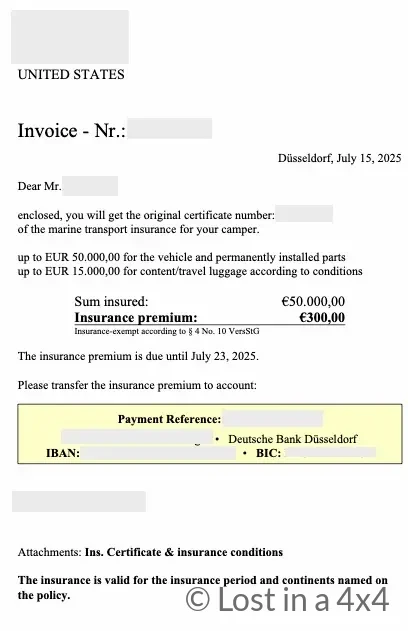 Maritime insurance policy for Jeep overland rig showing coverage and payment for shipping from USA to Europe