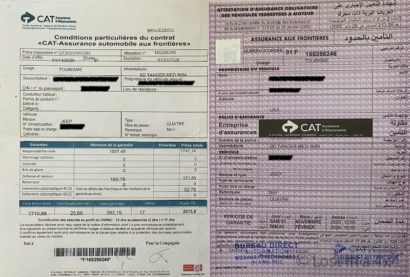 Jeep Wrangler overland vehicle insurance proof document in Morocco showing valid coverage for travel and overlanding at Tanger Med Port.