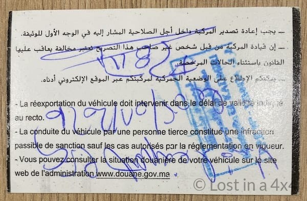 Back side of the temporary import permit for a Jeep Wrangler overland vehicle issued by Moroccan customs at Tanger Med Port showing conditions and validity.