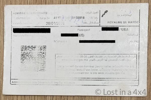 Front side of the temporary import permit for a Jeep Wrangler overland vehicle issued by Moroccan customs at Tanger Med Port.