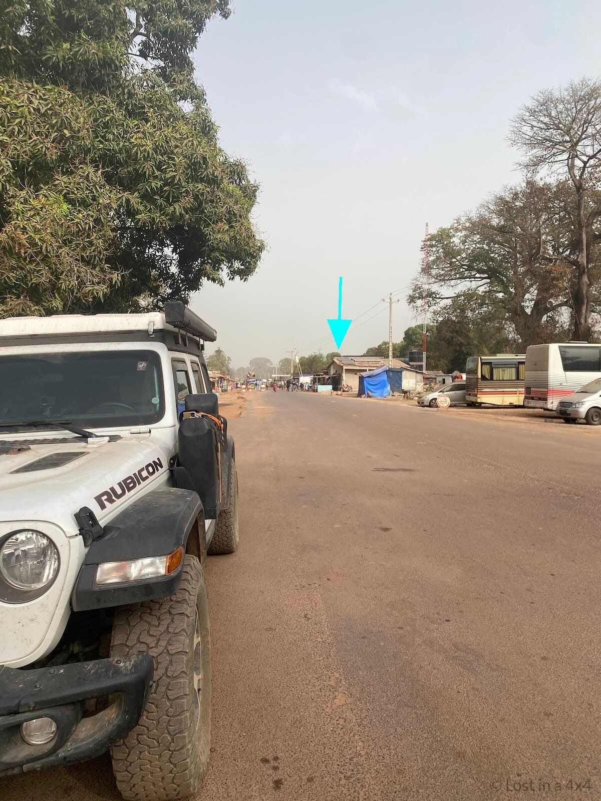 Jeep Wrangler parked near the Senegal border checkpoint at the Mpack-Djengue crossing between Senegal and Guinea-Bissau.