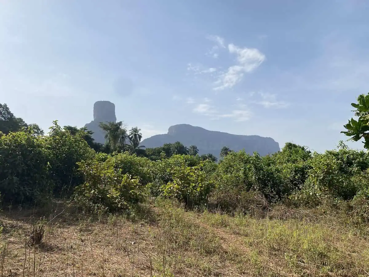 Rocky mountains rising behind trees in Guinea during overland Africa expedition