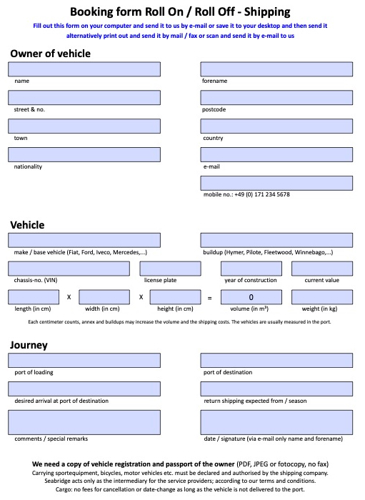 Roll-on roll-off shipping booking form for vehicle transport from USA to Europe showing required details and documentation