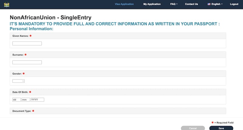 Sierra Leone e-visa application personal information page for online visa process.