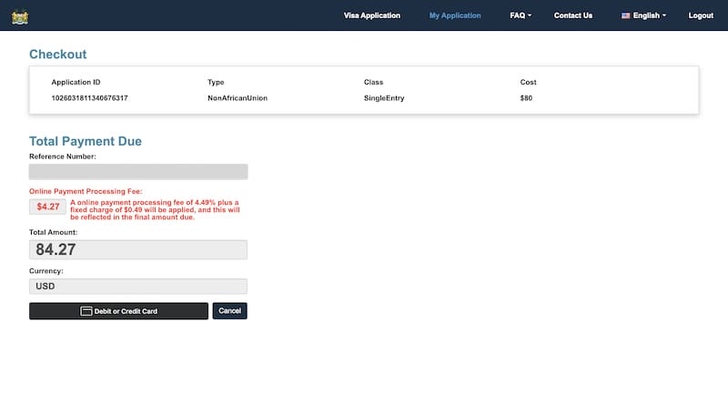 Sierra Leone eVisa application showing assigned reference number used to track visa status.
