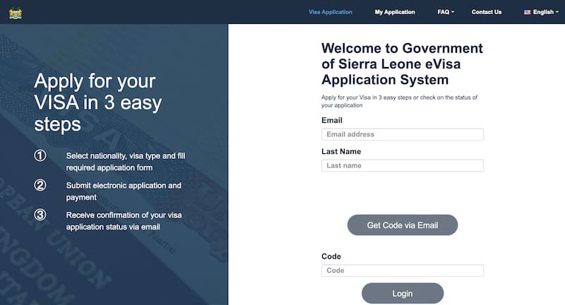 Sierra Leone eVisa application email verification step where users enter a confirmation code sent to their email address.