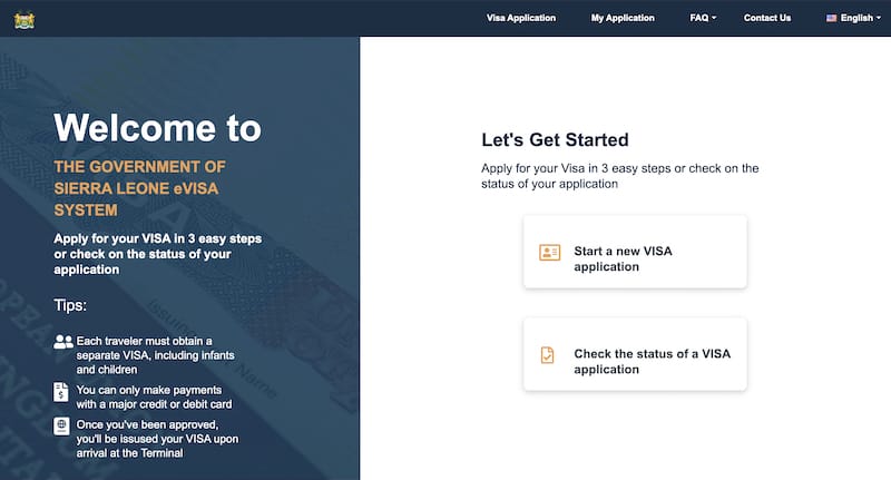 Sierra Leone eVisa homepage showing the “Start a New VISA Application” button.