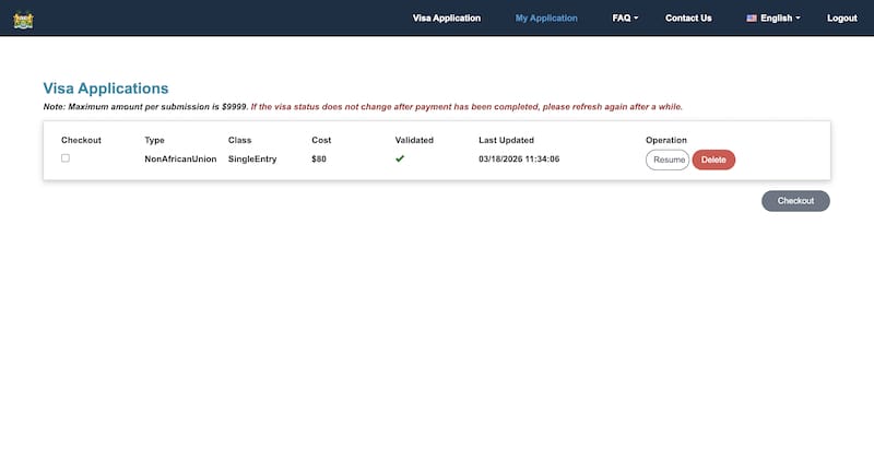 Sierra Leone eVisa payment section showing visa selection checkbox and checkout button.