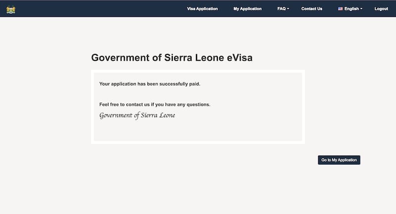 Sierra Leone eVisa payment confirmation pop-up showing successful application payment message.