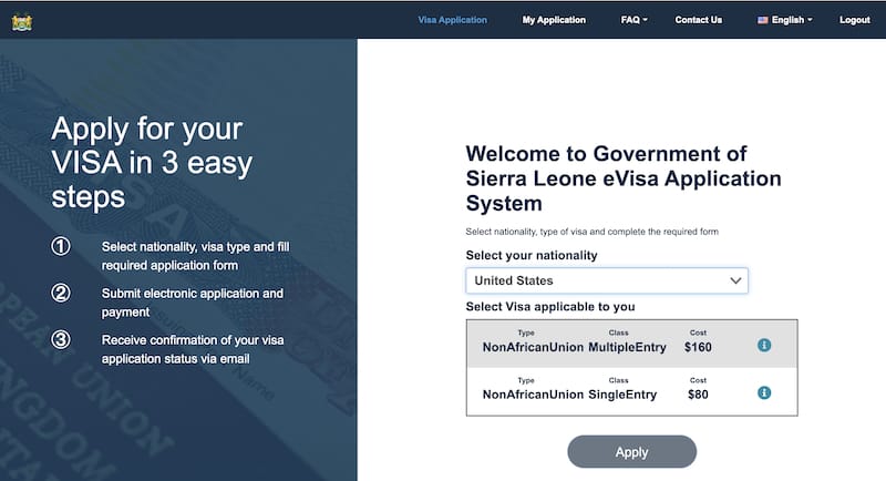 Sierra Leone eVisa application page showing nationality selection and visa type options.