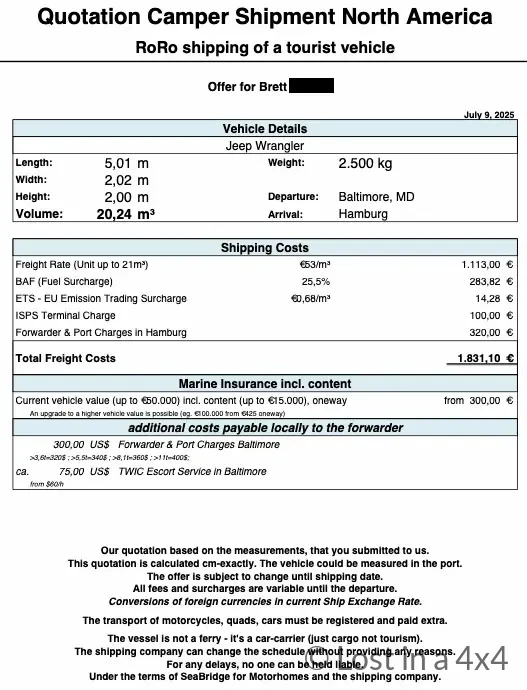Vehicle shipping quotation form for camper van transport from North America to Europe showing pricing and shipment details