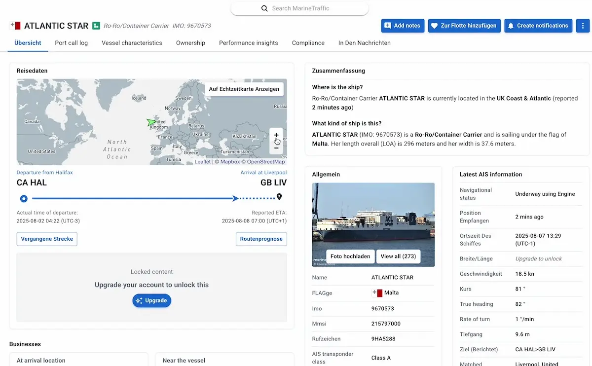 Vessel tracking screenshot showing Atlantic Star arriving in Liverpool with Jeep being shipped to Europe