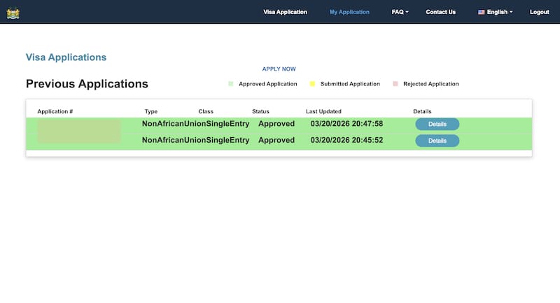 Visa application status page showing approval status for Sierra Leone eVisa on online portal